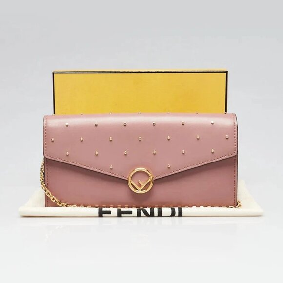 Fendi Dark Pink Studded Leather Continental Wallet On Chain - Picture 11 of 11